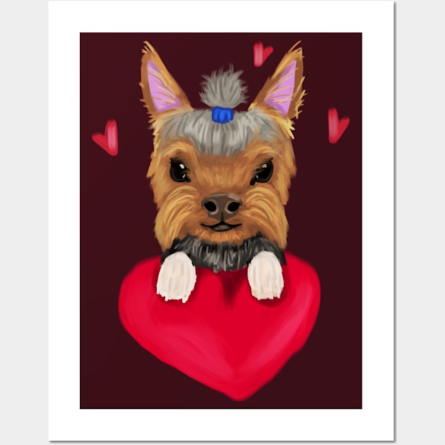 Yorkie with red heart Wall Art by Antiope